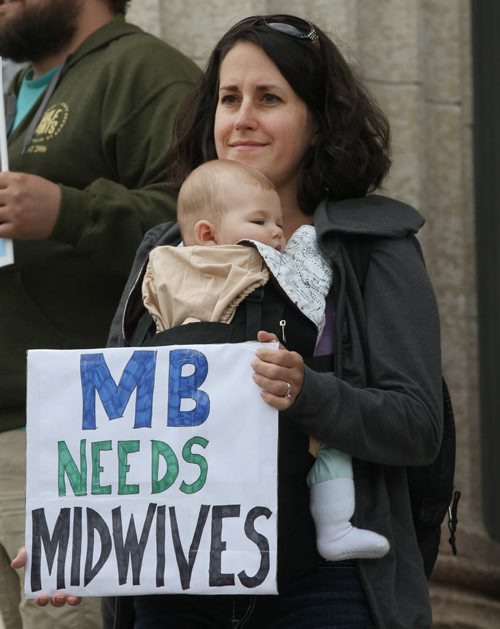 JOE BRYKSA / WINNIPEG FREE PRESS About 100 people attended a protest in support of Manitoba midwifery students- Gloria Saganski was at the Mb Legislature with her daughter Holly supporting midwifery-June 30, 2016  -(See Nick Martin story)