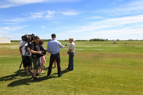 RUTH BONNEVILLE / WINNIPEG FREE PRESS  Jim Oke, President Winnipeg area chapter of the Recreational Aircraft Association responds to questions from the media at Lyncrest Airport Friday after one of their members plane crashed in the area earlier in the day.  See story.   July  01 / 2016