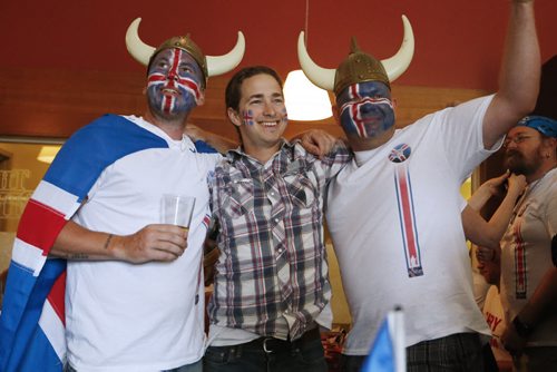 JOHN WOODS / WINNIPEG FREE PRESS Iceland fans at the Lakeview Hotel in Gimli support their team as they battle France in the Euro Cup Sunday, July 3, 2016.
