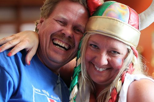 JOHN WOODS / WINNIPEG FREE PRESS Iceland fans Shawn Bjornsson and Tracy Martin at the Lakeview Hotel in Gimli support their team as they battle France in the Euro Cup Sunday, July 3, 2016.
