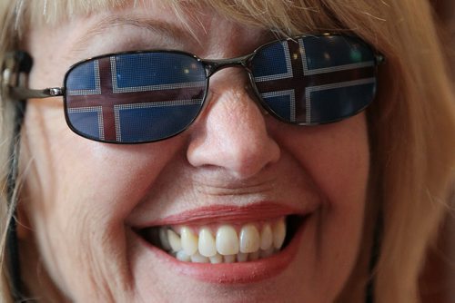 JOHN WOODS / WINNIPEG FREE PRESS Iceland fan Lisa Martin at the Lakeview Hotel in Gimli supports her team as they battle France in the Euro Cup Sunday, July 3, 2016.