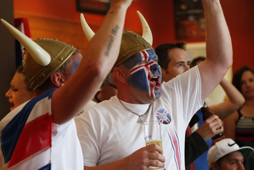 JOHN WOODS / WINNIPEG FREE PRESS Iceland fans at the Lakeview Hotel in Gimli support their team as they battle France in the Euro Cup Sunday, July 3, 2016.