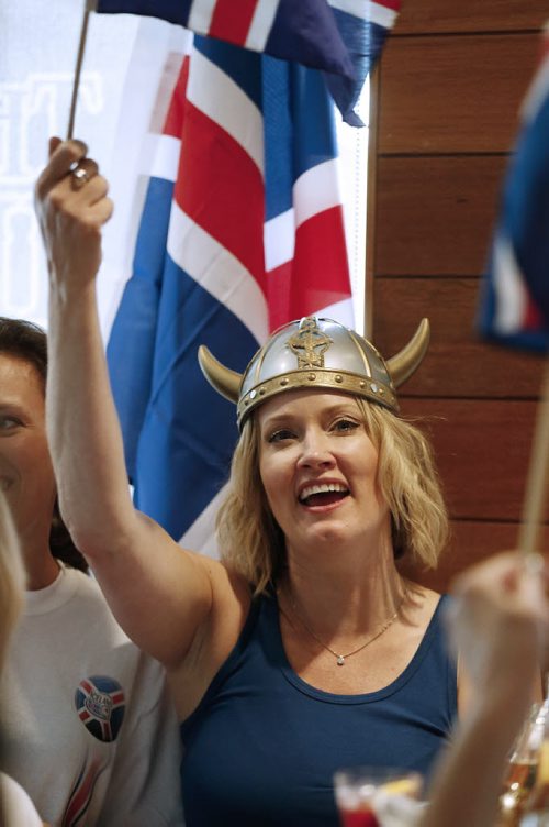 JOHN WOODS / WINNIPEG FREE PRESS Iceland fan Colleen Boyko at the Lakeview Hotel in Gimli supports her team as they battle France in the Euro Cup Sunday, July 3, 2016.