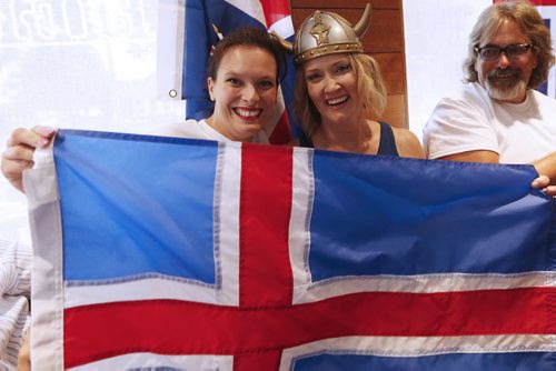 JOHN WOODS / WINNIPEG FREE PRESS Iceland fans Frances Boyko and Colleen Boyko at the Lakeview Hotel in Gimli support their team as they battle France in the Euro Cup Sunday, July 3, 2016.