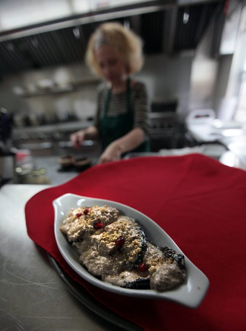 PHIL HOSSACK / WINNIPEG FREE PRESS - Saperavi, Georgian Restraunt - Eggplant Salad waits to be served from Chef Lena Sanina's kitchen, See review. July 5, 2016