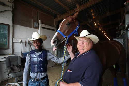 RUTH BONNEVILLE / WINNIPEG FREE PRESS   Horse Trainer Ardell Sayler (right) with horse Girl Boss and jockeyTyrone Nelson in the stables at Assiniboine Downs.  Story about 12-time leading trainer Ardell Sayler who wins Canada Day Stakes with Girl Boss  See  George Williams Story.   July 07, 2016