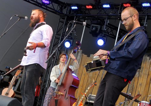 BORIS MINKEVICH / WINNIPEG FREE PRESS WINNIPEG FOLK FESTIVAL 2016 - The Crooked Brothers perform the first band of the opening night at Folk Fest Main stage in Birds Hill Park.  Left - Matt Foster. Right- Darwin Baker. No ID on bass player in middle. July 7, 2016
