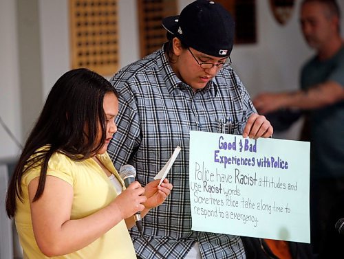 BORIS MINKEVICH / WINNIPEG FREE PRESS 080417 Winnipeg Police Keith McCaskill at Rossbrook House where he attended a community forum. Kids and adults from the community came to voice their views of policing in their neighbourhood. In photo Krista Desjarlais and Blake Peters present their thoughts.