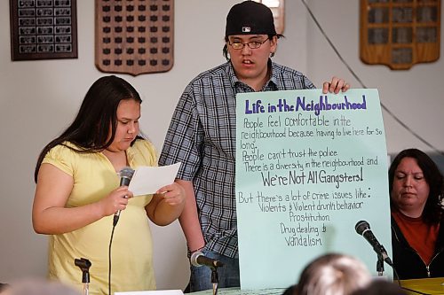 BORIS MINKEVICH / WINNIPEG FREE PRESS 080417 Winnipeg Police Keith McCaskill at Rossbrook House where he attended a community forum. Kids and adults from the community came to voice their views of policing in their neighbourhood. In photo Krista Desjarlais and Blake Peters present their thoughts.