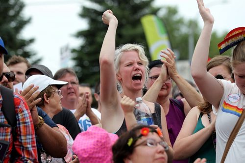 RUTH BONNEVILLE / WINNIPEG FREE PRESS  Thousands gather on the steps of City Hall to celebrate Steinbach's 1st ever Pride march Saturday/    July 09, 2016