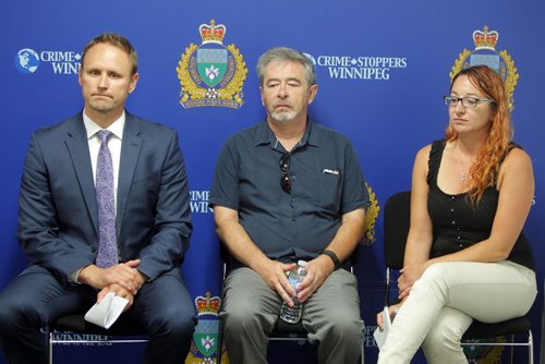BORIS MINKEVICH / WINNIPEG FREE PRESS Thelma KRULL Investigation Continues One Year Later. Police Press Conference. L-R  Homicide Sgt. Wes Rommel, Bob Krull (Thelma's husband), and Lisa Besser (Thelma's daughter). July 11, 2016