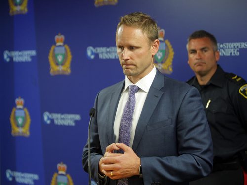 BORIS MINKEVICH / WINNIPEG FREE PRESS Thelma KRULL Investigation Continues One Year Later. Police Press Conference. Homicide Sgt. Wes Rommel. In background is Constable Jason Michalyshen, Public Information Officer. July 11, 2016