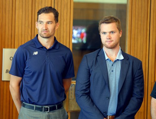 BORIS MINKEVICH / WINNIPEG FREE PRESS NEWS -Winnipeg Mayor Brian Bowman, not in photo, presented some awards to some NHL players at City Hall today. NHL Players Mark Stone, left,  and Calvin Pickard, right were presented the The Mayors Award for Sports Excellence. July 12, 2016