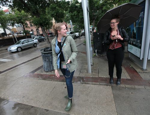 PHIL HOSSACK / WINNIPEG FREE PRESS -  Kerry Ipema (left), a first-time Fringe performer from New York hands out shiowbills around market square Wednesday. See Melissa Martin Story.    July 13, 2016