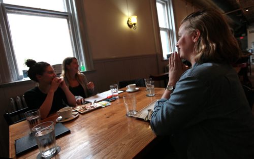 PHIL HOSSACK / WINNIPEG FREE PRESS -  Kerry Ipema (right), a first-time Fringe performer from New York hangs out for lunch with new fringe friends Wednesday. See Melissa Martin Story.    July 13, 2016