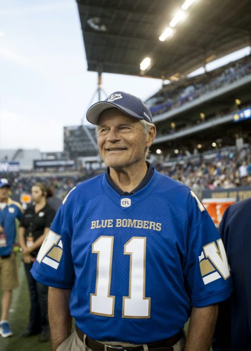 RUTH BONNEVILLE / WINNIPEG FREE PRESS  The Winnipeg Blue Bombers induct Ken Ploen, an all-star quarterback who joined the Bombers in 1957, into the Ring of Honour during halftime  of Bombers hosting Eskimos game at Investors Group Stadium Thursday night.    July 14, 2016
