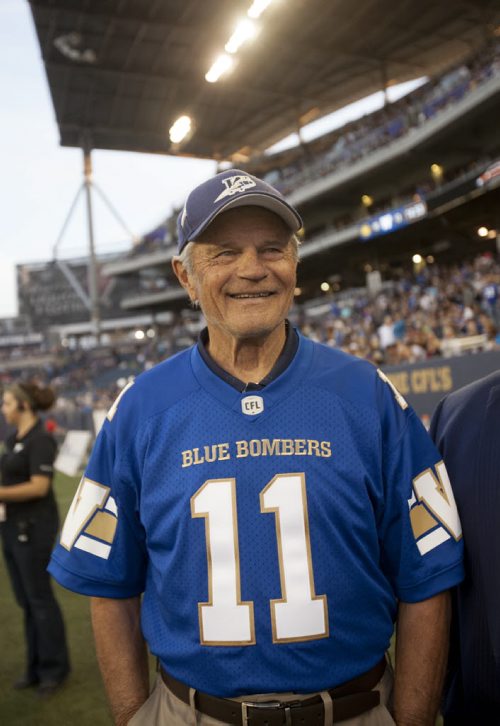 RUTH BONNEVILLE / WINNIPEG FREE PRESS  The Winnipeg Blue Bombers induct Ken Ploen, an all-star quarterback who joined the Bombers in 1957, into the Ring of Honour during halftime  of Bombers hosting Eskimos game at Investors Group Stadium Thursday night.    July 14, 2016