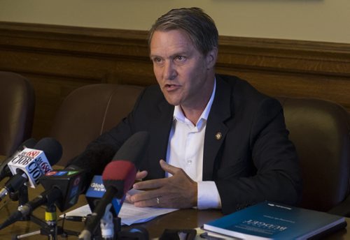 ZACHARY PRONG / WINNIPEG FREE PRESS  During a press conference on July 15, 2016, Finance Minister Cameron Friesen blamed the province's downgraded credit rating entirely on the former NDP government.