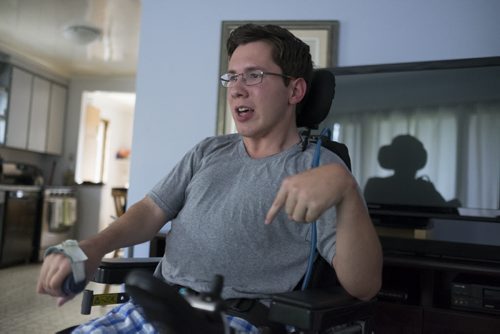 ZACHARY PRONG / WINNIPEG FREE PRESS  Luke Savoie has been testing a new technology called HANA (Home Access Network Assistant) that allows people with handicaps to control things like lights, doors and the TV with voice commands. July 14, 2016.