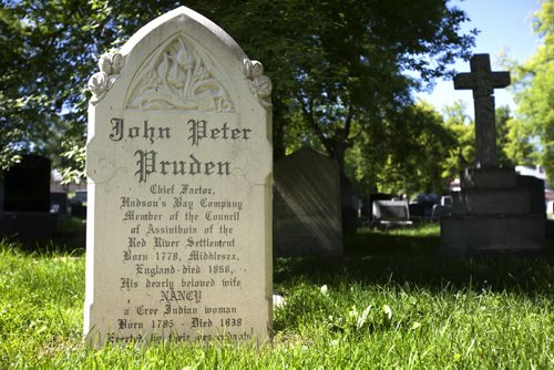 RUTH BONNEVILLE / WINNIPEG FREE PRESS  Photo John Peter Pruden's headstone in the Cathedral Church of Saint John historic cemetery.  See Bill Redekop story.   July 15, 2016