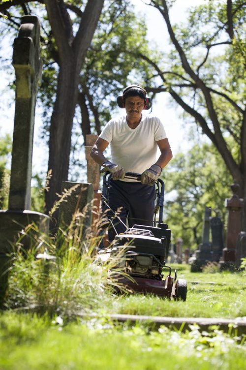 RUTH BONNEVILLE / WINNIPEG FREE PRESS  The Cathedral Church of Saint John grounds keeper, Dennis Bealieu, works his way around the headstones and uneven ground to mow the lawn in the historic cemetery Friday.    July 15, 2016