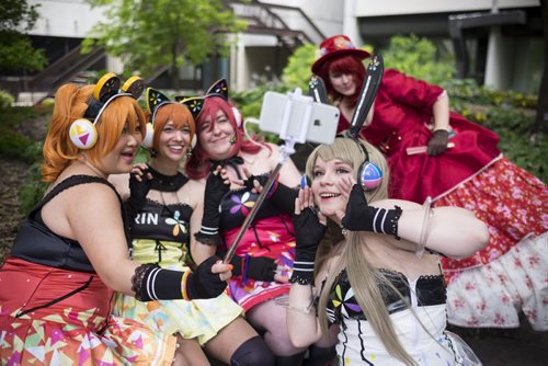 ZACHARY PRONG / WINNIPEG FREE PRESS  Ai-Kon, the Manitoba based anime convention, is running from Friday to Saturday at the RBC Convention Centre downtown. Thousands of people, many of them dressed as anime characters, are in attendance. Here a group of attendees pose for a selfie outside of the Convention Centre. From left to right, Julie Wong, Jessie Warren, DJ Vancaeyzeele, Kyle-Lee Mayor and Katelyn Arsenault. July 16, 2016.