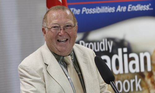 WAYNE GLOWACKI / WINNIPEG FREE PRESS



Manitoba Agriculture Minister Ralph Eichler at the announcement Monday with the details of a new expansion of Maple Leafs bacon processing plant.   Murray McNeill story    July 18 2016