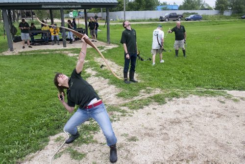 ZACHARY PRONG / WINNIPEG FREE PRESS  Lisa Latour of the Robin Hood Archery Club takes a shot. Manitoba is thought to be the only place outside of Europe where the sport of pole archery is still practiced. July 13, 2016.