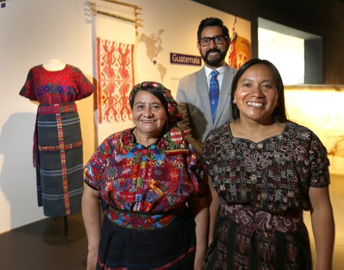 WAYNE GLOWACKI / WINNIPEG FREE PRESS  At the Canadian Museum for Human Rights exhibit called Empowering Women: Artisan Cooperative that Transform Communities is Amparo de León, at left, and Oralia Chopén, two Guatemalan Maya women artisans and Armando Perla, curator at the CMHR.  "The exhibition explores how working collectively enables women to support their families, transform their communities and preserve their traditional arts.   Carol  Sanders story     July 19 2016