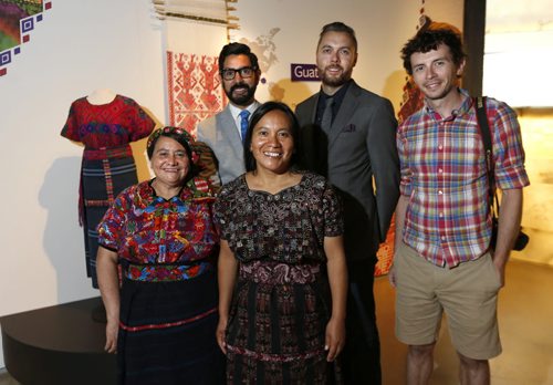 WAYNE GLOWACKI / WINNIPEG FREE PRESS  At the Canadian Museum for Human Rights exhibit called Empowering Women: Artisan Cooperative that Transform Communities is Amparo de León,left, and Oralia Chopén, two Guatemalan Maya women artisans.  In back from left, Armando Perla, curator, Rob Vincent, Manager of Design/Production and Aaron Cohen Digital Media Producer who worked on the exhibit.  "The exhibition explores how working collectively enables women to support their families, transform their communities and preserve their traditional arts.  Carol  Sanders story     July 19 2016