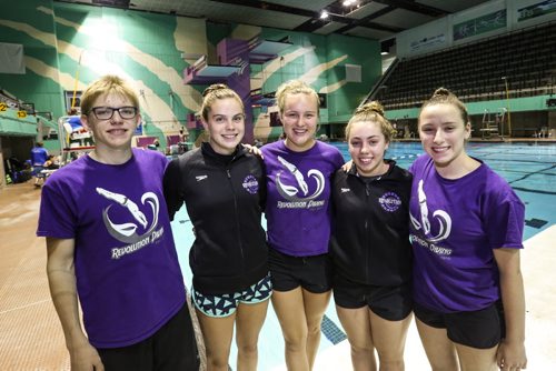 MIKE DEAL / WINNIPEG FREE PRESS Revolution Diving team mates: (from left) Devon Samson, Alyssa Gauthier, Mara George, Brooke Bouchard, and Serena Buchwald at the Pan Am Pool where the 2016 Speedo Juniors Elite National Diving Championships will take place this weekend. 160719 - Tuesday, July 19, 2016