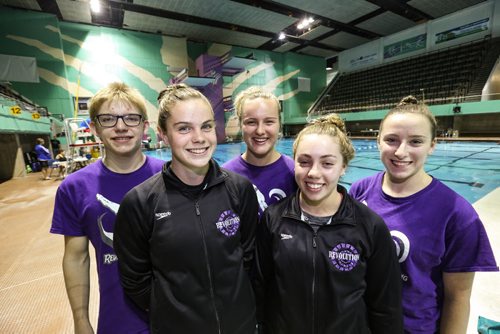 MIKE DEAL / WINNIPEG FREE PRESS Revolution Diving team mates: (from left) Devon Samson, Alyssa Gauthier, Mara George, Brooke Bouchard, and Serena Buchwald at the Pan Am Pool where the 2016 Speedo Juniors Elite National Diving Championships will take place this weekend. 160719 - Tuesday, July 19, 2016