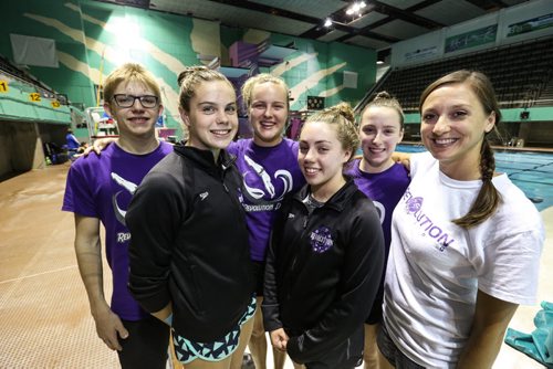 MIKE DEAL / WINNIPEG FREE PRESS Revolution Diving team mates: (from left) Devon Samson, Alyssa Gauthier, Mara George, Brooke Bouchard, Serena Buchwald, and coach Dallas Ludwick at the Pan Am Pool where the 2016 Speedo Juniors Elite National Diving Championships will take place this weekend. 160719 - Tuesday, July 19, 2016