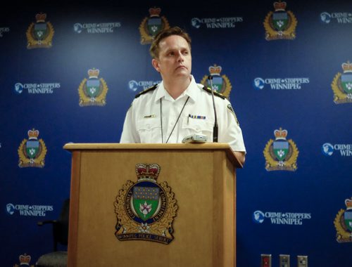 ZACHARY PRONG / WINNIPEG FREE PRESS  Deputy Chief of Operations Perrier Gordon talks to reporters about an incident in which a masked woman with a gun was tackled and arrested by police officers on Tuesday, July 19, 2016. It was later determined that the gun was in fact a replica.
