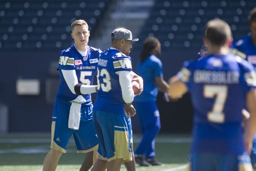 RUTH BONNEVILLE / WINNIPEG FREE PRESS  The Winnipeg Blue Bombers do a walk-thru practice at Investors Group Stadium Wednesday.  QB #5 Drew Willy gives ball to #33 Andrew Harris during practice.   July 20, 2016