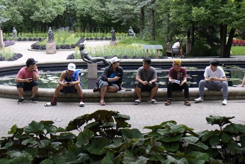 ZACHARY PRONG / WINNIPEG FREE PRESS  Pokemon down. People gathered at the Leo Mol Sculpture Garden at Assiniboine Park only to find the Pokemon Go network had failed. From left to right, Francis, Brickz, Gio, Sackee, Ronald Buno and Alexis Javier. (Some last names not given) July 20, 2016.