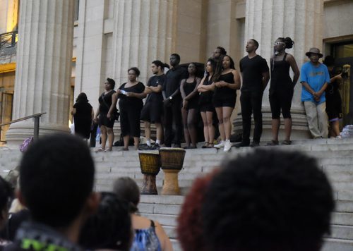 ZACHARY PRONG / WINNIPEG FREE PRESS  Members of Black Space, the organizers of the Black Lives Matter vigil, on the steps of the Legislative Building. July 20, 2016.