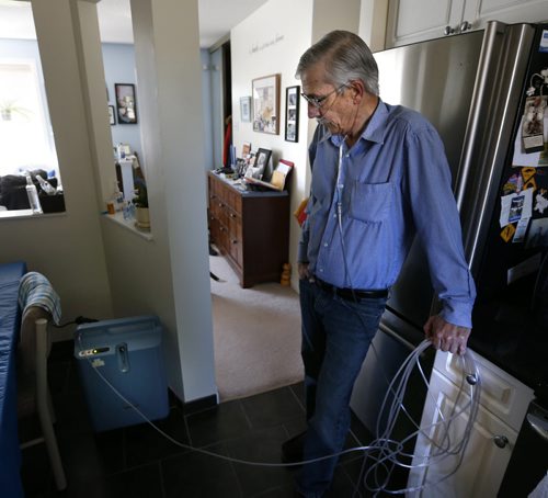 WAYNE GLOWACKI / WINNIPEG FREE PRESS   Ent./Heath.   Dave Wardell, who has COPD is connected to his oxygen concentrator in his home.  The Health feature is  about an education program to train health care providers to help people with lung disease. Joel Schlesinger story  July 22 2016