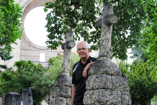 RUTH BONNEVILLE / WINNIPEG FREE PRESS  Philippe Mailhot is the former head of the St. Boniface Museum, who gives tours of the  St. Boniface Cathedral Cemetery.   See Bill Redekop story.  Other photos of specific headstones taken earlier in week to go along with this piece.      July 23, 2016