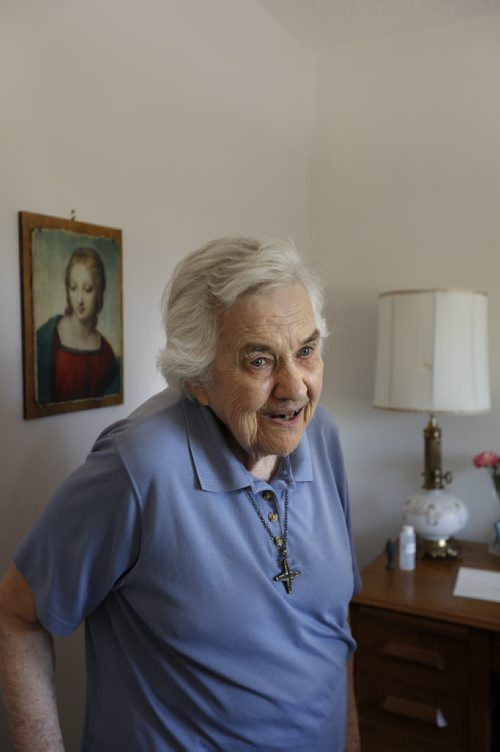WAYNE GLOWACKI / WINNIPEG FREE PRESS   Sister Aileen Gleason, 92, in her apartment at St. Benedict's Monastery.  She is the the co-founder of Hospitality House Refugee Ministry.  On Tuesday there's a celebration of her 70th anniversary as a nun - a member of the order of Lady of the Missions.    Carol Sanders story  July 25 2016