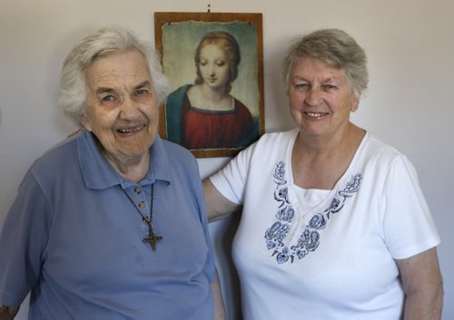 WAYNE GLOWACKI / WINNIPEG FREE PRESS   At right, Sister Sheila with Sister Aileen Gleason, 92, in Sister Aileen's apartment at St. Benedict's Monastery.  Sister Aileen is the the co-founder of Hospitality House Refugee Ministry.  On Tuesday there's a celebration of her 70th anniversary as a nun - a member of the order of Lady of the Missions.    Carol Sanders story  July 25 2016