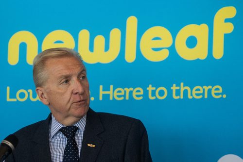 MIKE DEAL / WINNIPEG FREE PRESS Barry Rempel, President and CEO of Winnipeg Airports Authority speaks after the arrival of the first Newleaf flight from Hamilton, ON Monday morning. 160725 - Monday, July 25, 2016