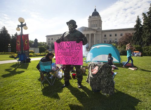 RUTH BONNEVILLE / WINNIPEG FREE PRESS   The Urban Warrior Alliance camp outside the legislature in protest to the delays in the MMIW, Murdered and Missing Indigenous Women, inquiry Tuesday.       July 26, 2016