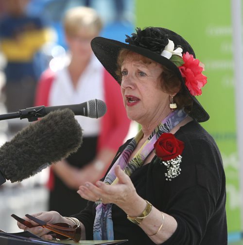 WAYNE GLOWACKI / WINNIPEG FREE PRESS       Lila Goodspeed, chair of the Nellie McClung Foundation at the mural unveiling ceremony Tuesday  titled  A Womans Parliament located at Sargent Ave. and Furby St.     Aidan  Geary story  July 26 2016