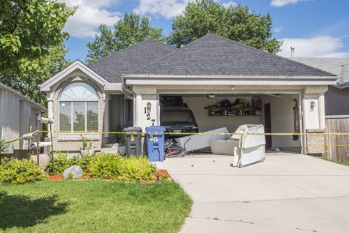 ZACHARY PRONG / WINNIPEG FREE PRESS  A SUV crashed into a home on Meadowbank Road. The family was inside their house at the time of the accident but  were not injured. The driver was taken to the hospital. July 26, 2016.