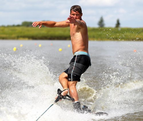 BORIS MINKEVICH / WINNIPEG FREE PRESS STANDUP - 16 year old Lukas Neustaedter practices some trick skiing at Lake Shirley Water Ski Park (A man-made lake built for the 1999 Pan American Games used for water ski events as well as dragon boat races, 365 Murdock Road in South Transcona.) He has been a competition water skier for 5 years and started skiing at the young age of 2. He is part of Team Manitoba with 6 other members. The team is training for the Western Canadian Water Ski Championships in Saskatoon, Saskatchewan that happens this weekend. Last year he places second overall at the Western Canadian Water Ski Championships. This year Manitoba is host to the 2016 Canadian National Water Ski Championships next month. July 27, 2016