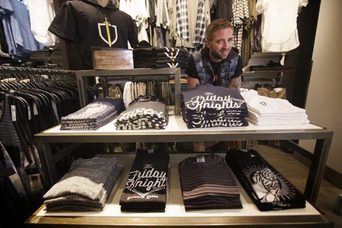 RUTH BONNEVILLE / WINNIPEG FREE PRESS  Threads: Local designer Eric Olek with his Friday Knights collection is excited about his designs being picked up and displayed in Below the Belt stores across Canada.  Photo taken at Polo Park store.    July 27, 2016