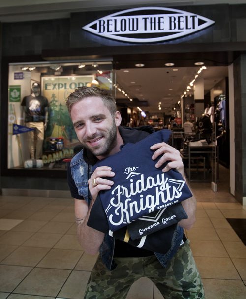 RUTH BONNEVILLE / WINNIPEG FREE PRESS  Threads: Local designer Eric Olek with his Friday Knights collection is excited about his designs being picked up and displayed in Below the Belt stores across Canada.  Photo taken at Polo Park store.    July 27, 2016