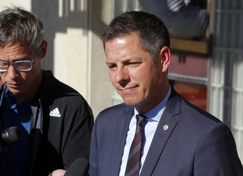 BORIS MINKEVICH / WINNIPEG FREE PRESS Scrum of Mayor Brian Bowman right after the Canada Games flag raising ceremony at City Hall. July 28, 2016