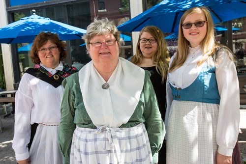 MIKE DEAL / WINNIPEG FREE PRESS 
Janis Chase (left), with aunt Jane Meech and daughters Kennedy (second right) and Dani Chase (right) are volunteers with the Scandinavian Pavilion at this years Folklorama. 160726 - Tuesday, July 26, 2016